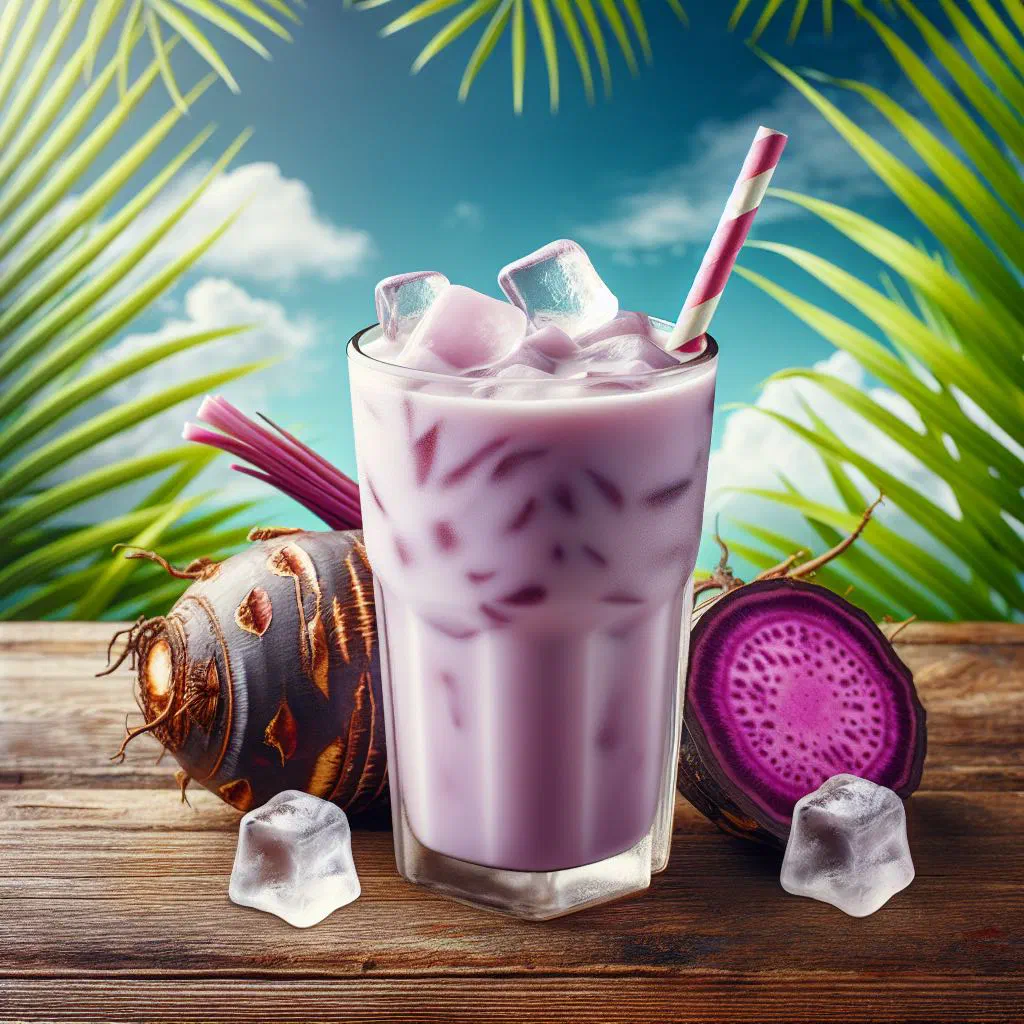 Creamy dasheen punch in a glass garnished with fresh tropical fruit