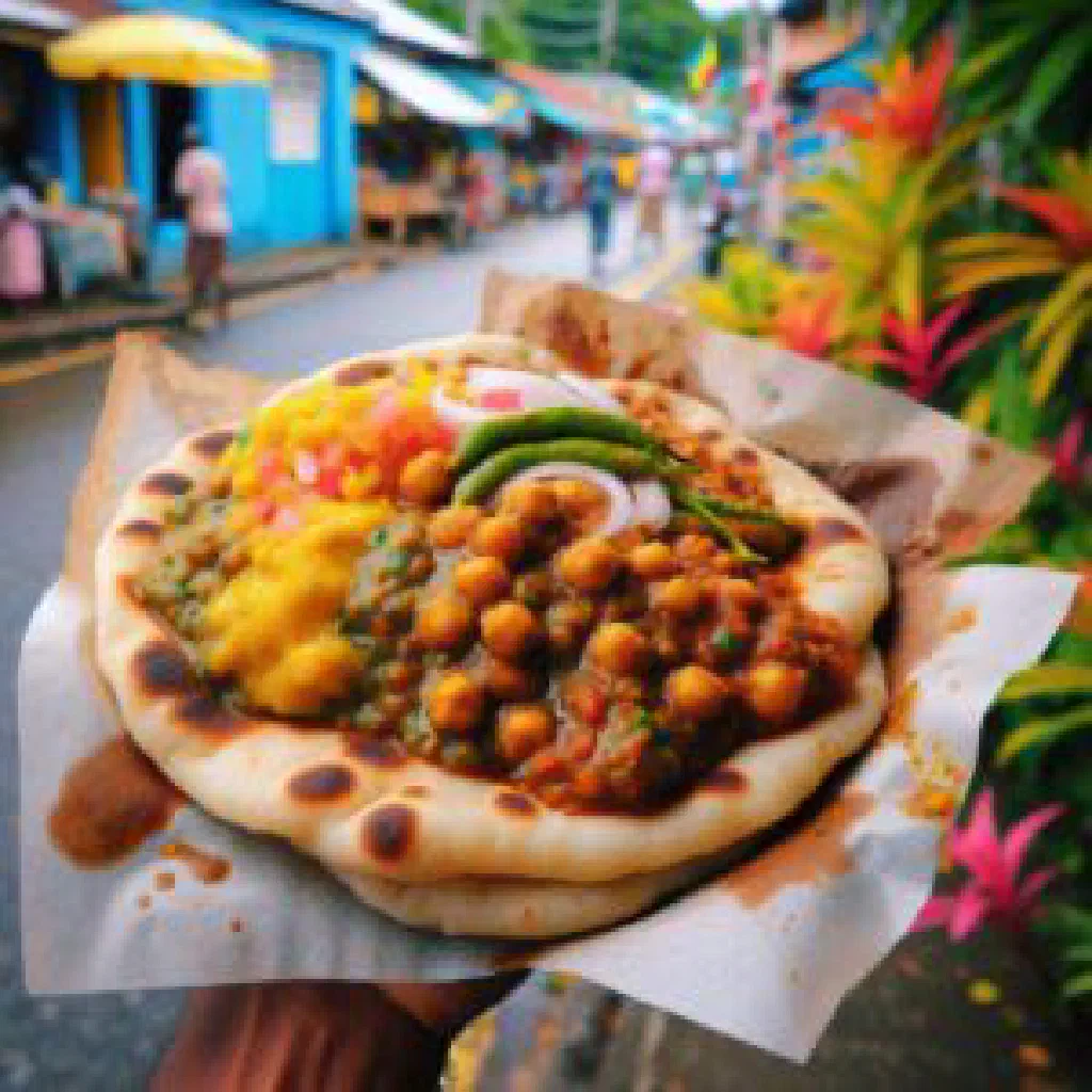 Trinidadian doubles: two soft bara flatbreads filled with curried chickpeas