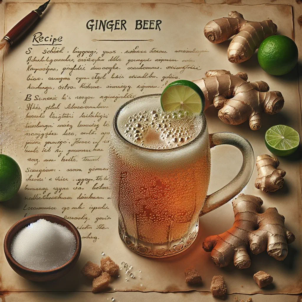 Glass of sparkling homemade ginger beer with ice and a slice of lemon