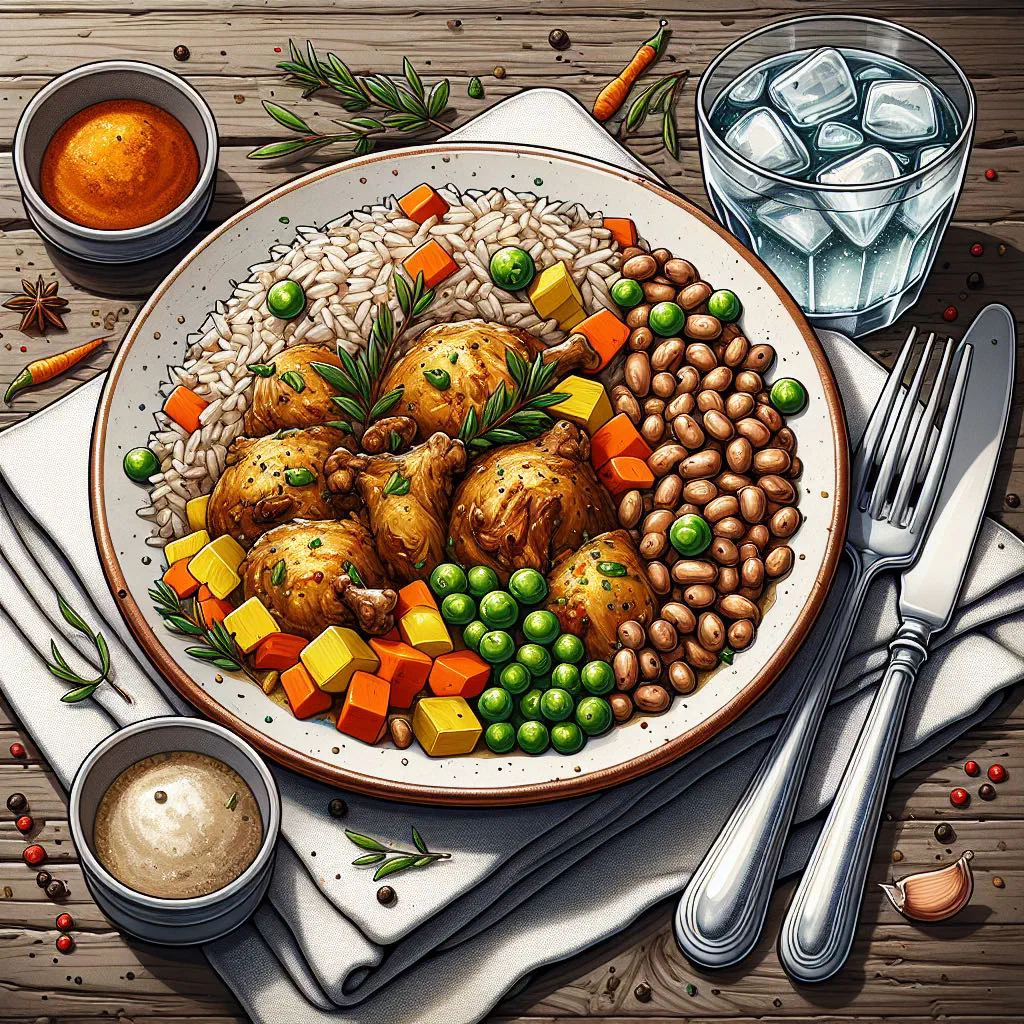 Pelau with seasoned rice, tender chicken and peas in a bowl