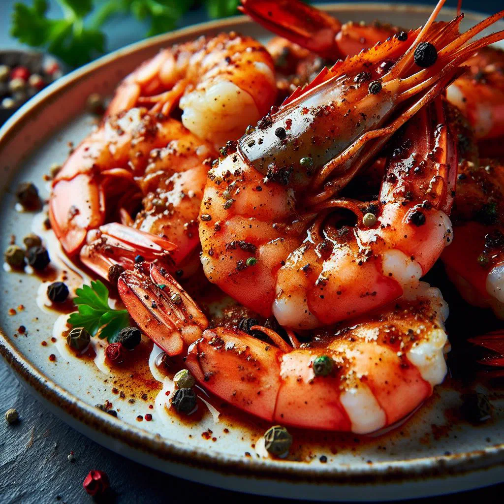 Fiery pepper shrimp glistening with spices and fresh lime