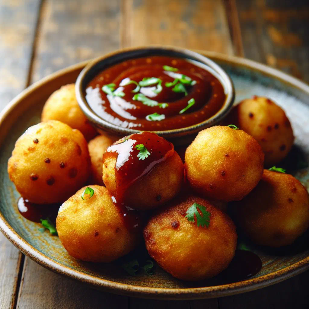 Golden fried pholourie balls served with a spicy dipping sauce