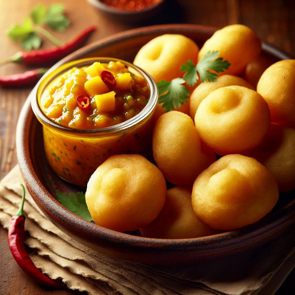 Golden fried pholourie balls served with a bowl of fruity mango chutney