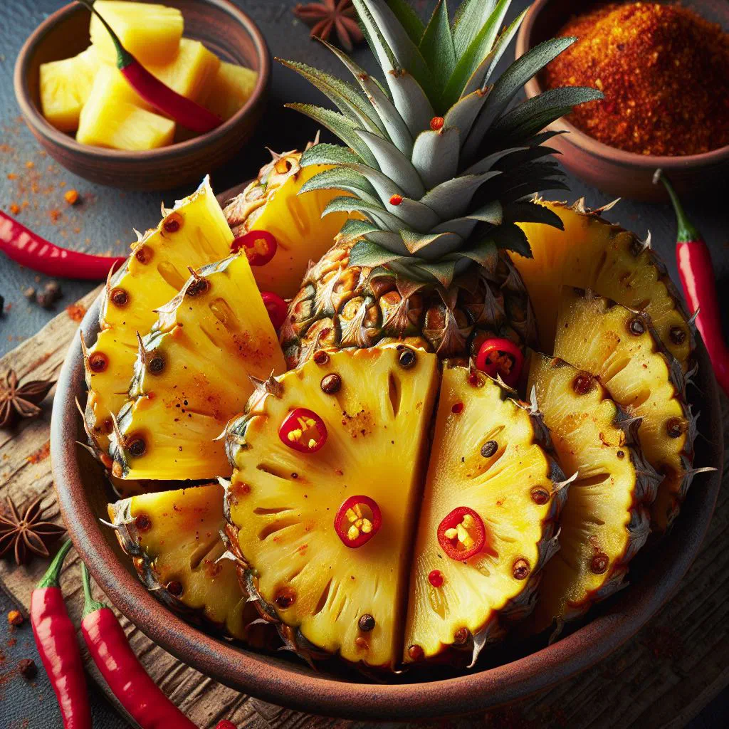 Bowl of pineapple chow with fresh lime, chilli and herbs