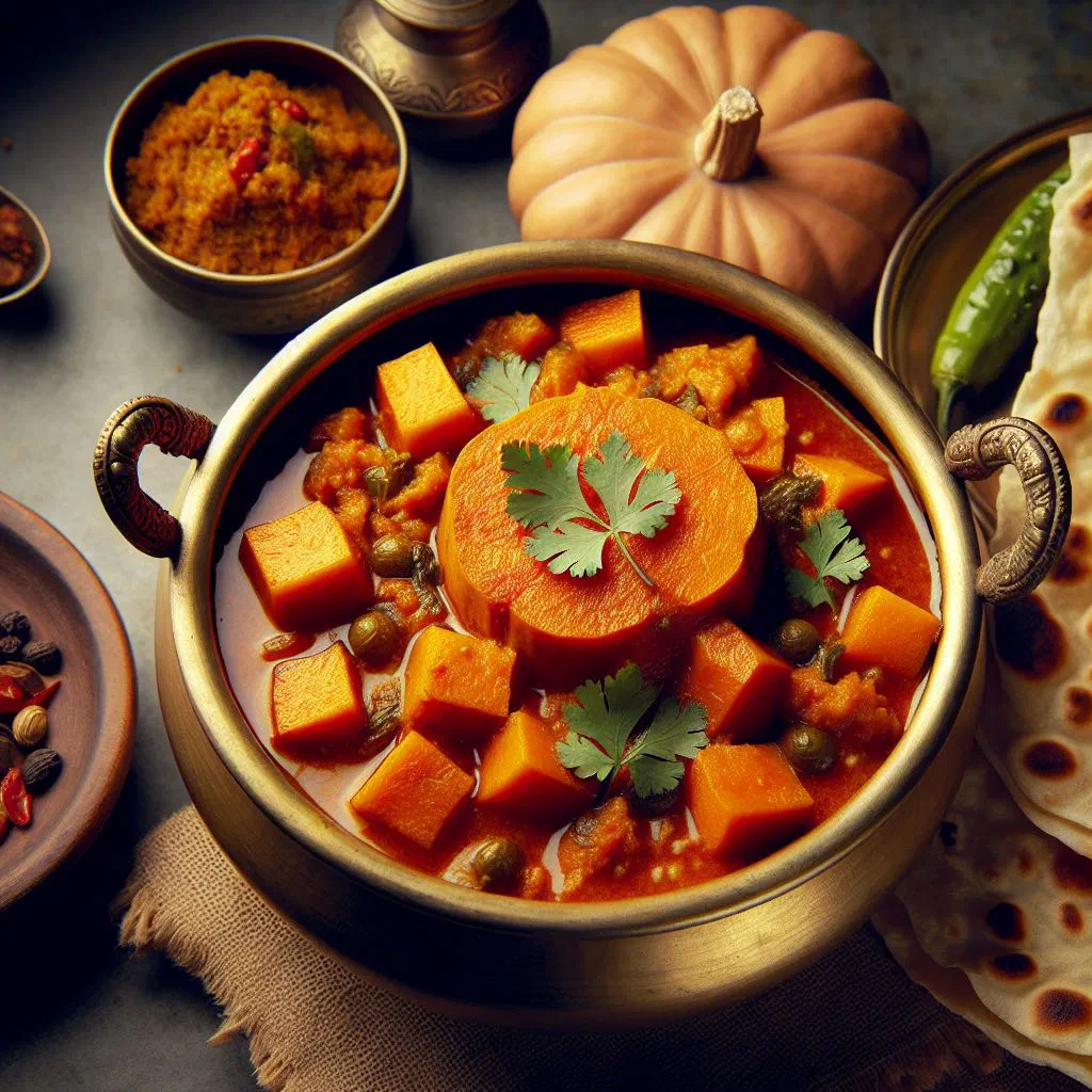 Pumpkin talkari — tender spiced pumpkin garnished with fresh herbs in a bowl