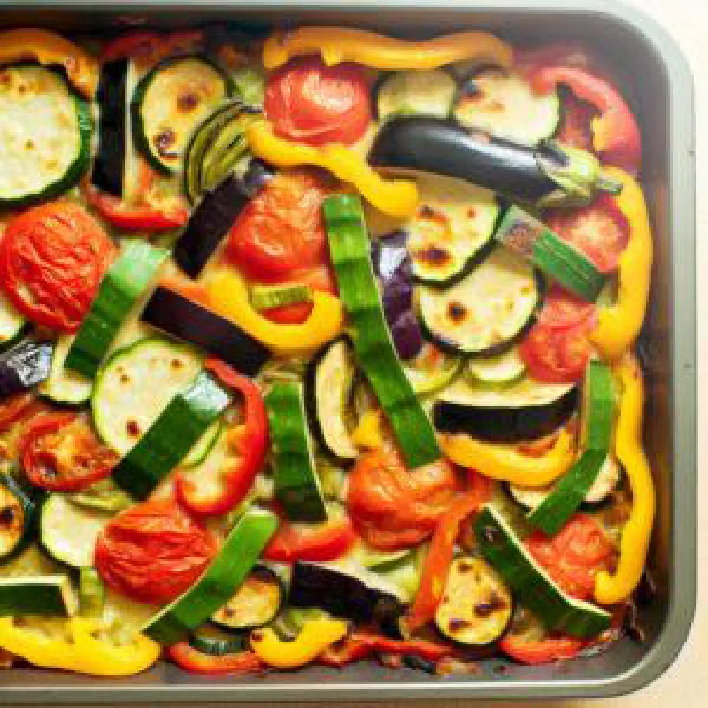 Colourful Trinidadian ratatouille with aubergine, courgette and peppers in a rich tomato sauce