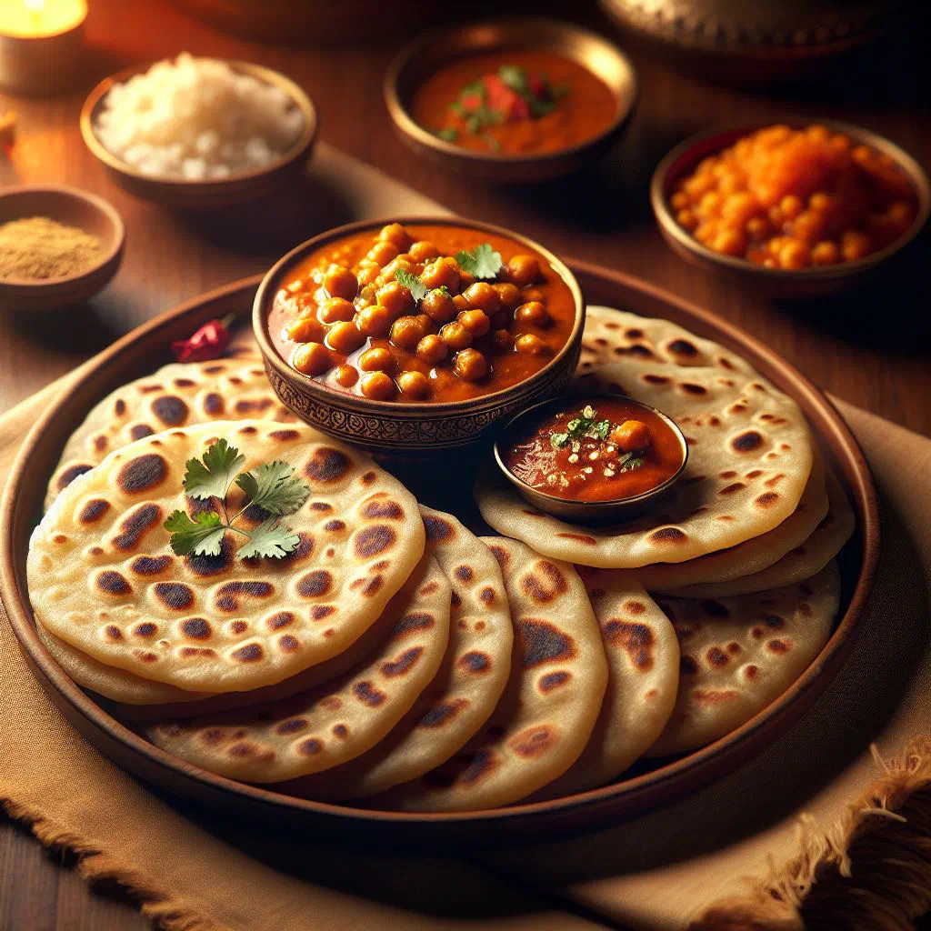 Soft roti flatbread served with curried chickpeas garnished with fresh coriander