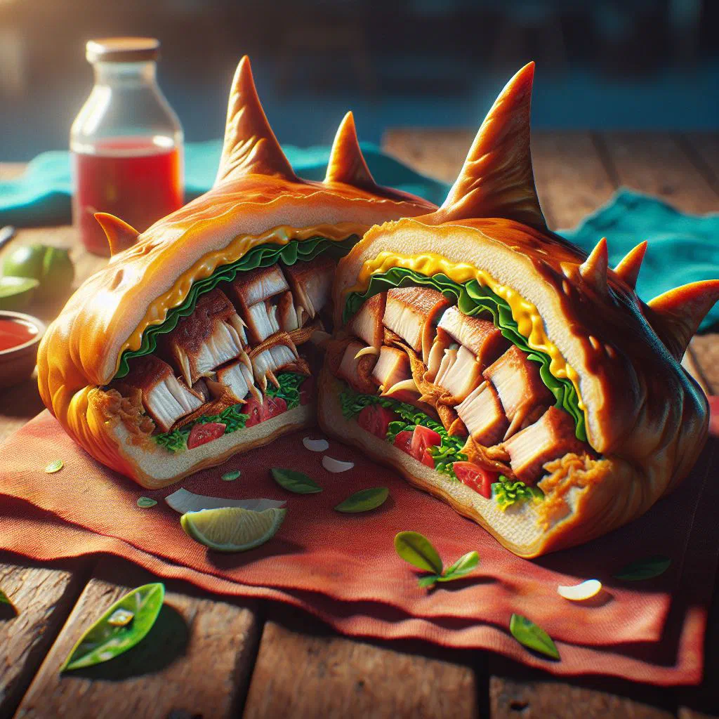 Shark and bake sandwich filled with crispy fried shark, fresh salad and sauces