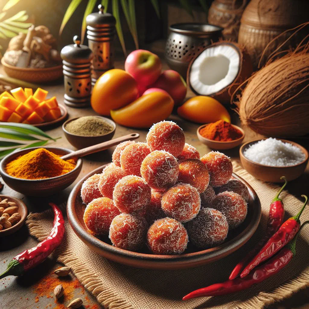 Golden-brown spicy coconut drops cooling on a wire rack