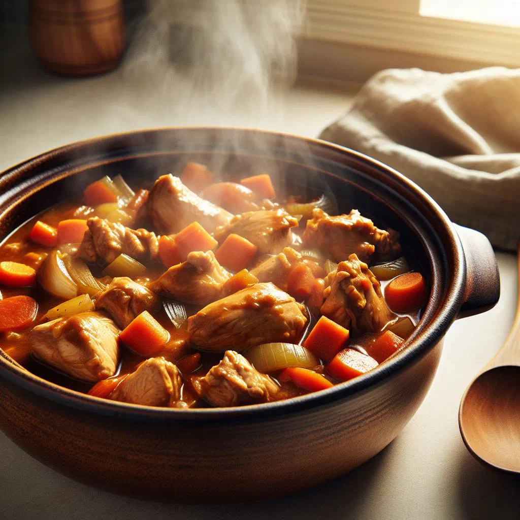 Caribbean stew chicken in a rich brown sauce served with rice
