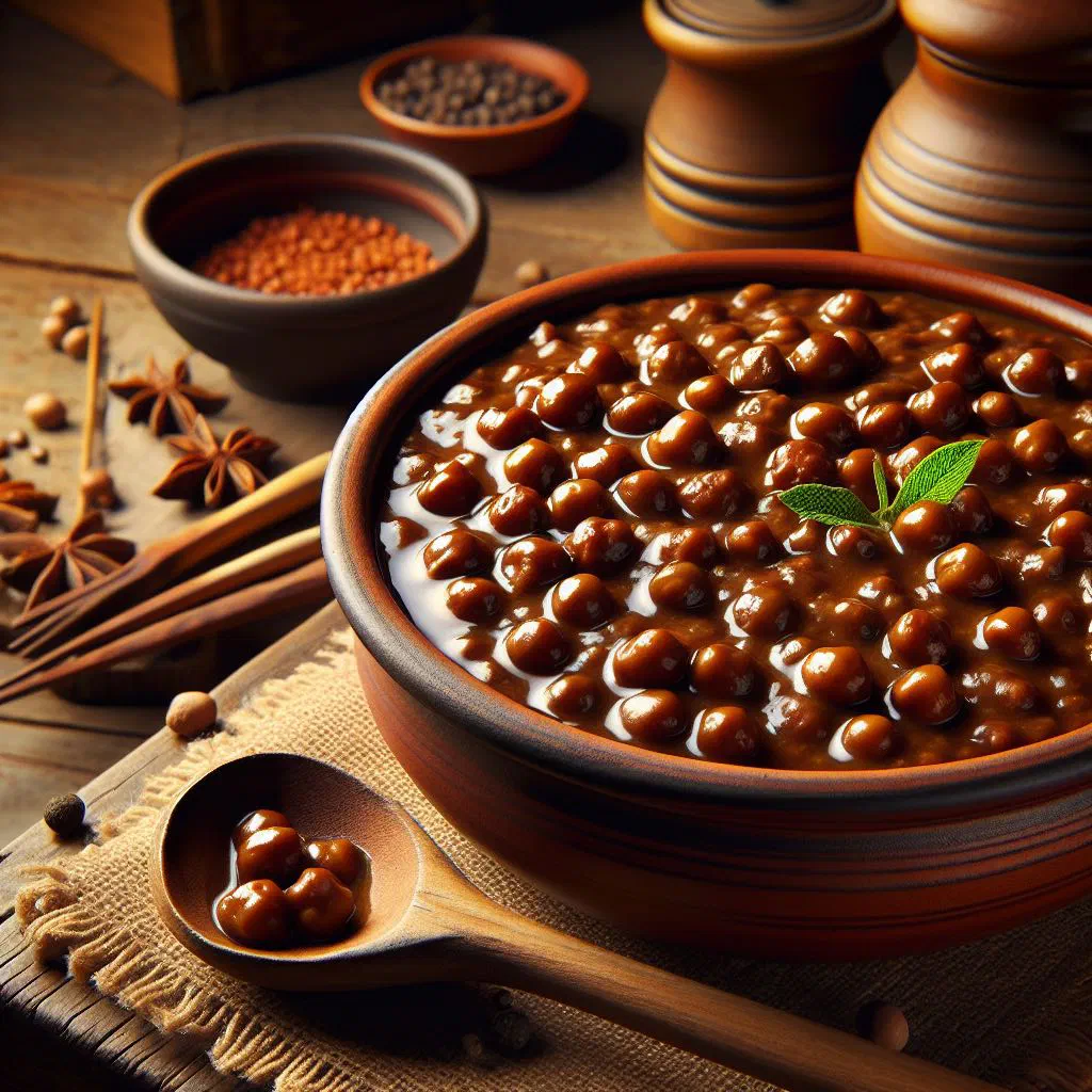 Bowl of stewed pigeon peas in a fragrant spiced sauce with onions and peppers