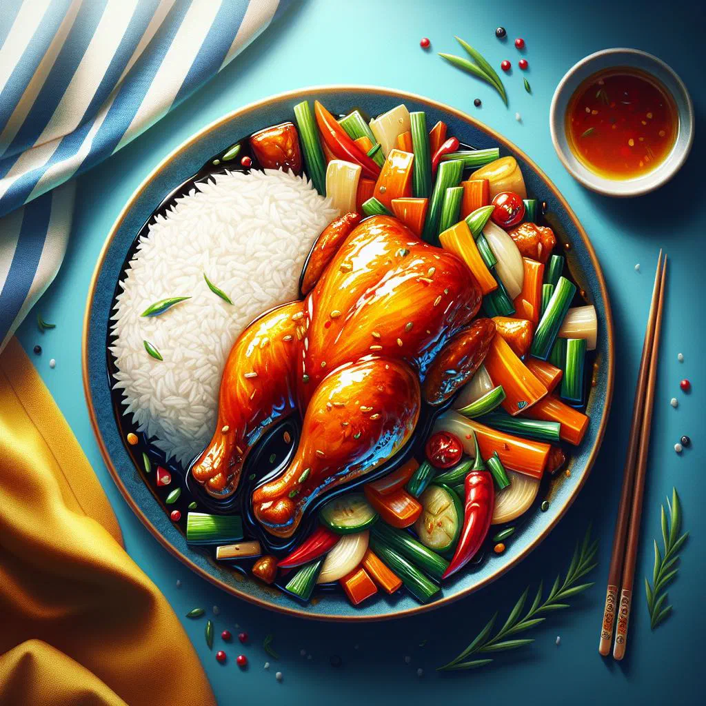 Trini Chinese style chicken stir-fried with peppers, carrots and onions in a glossy soy sauce