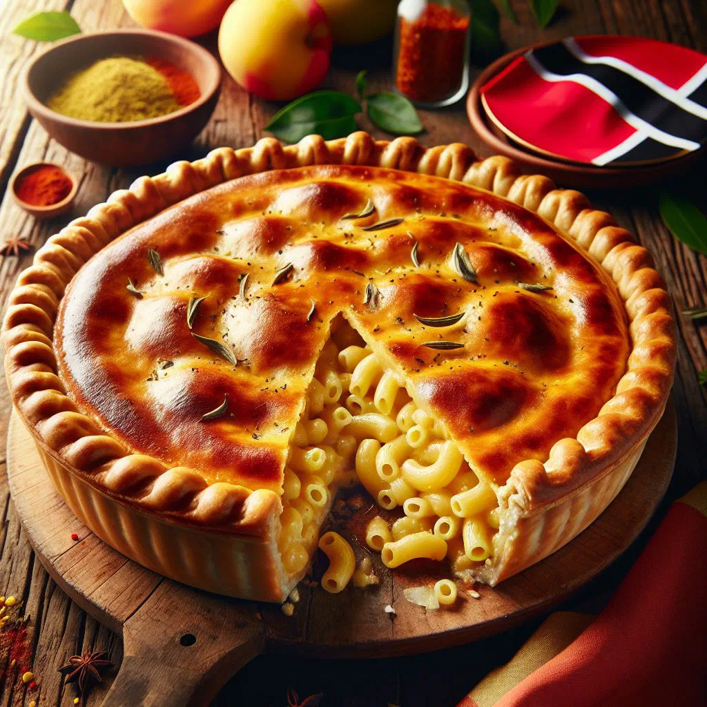 Golden-baked Trini macaroni pie in a casserole dish, cut into squares