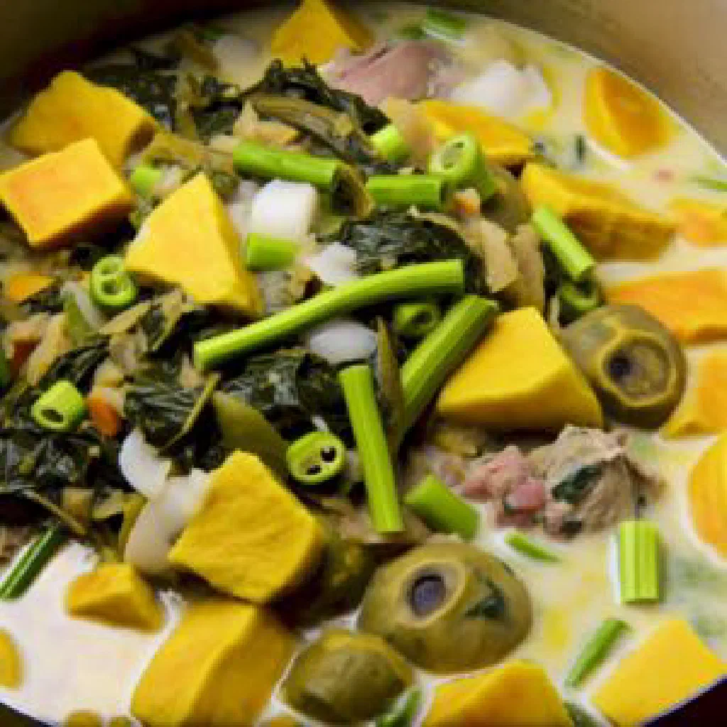 Hearty Trinidad oil down stew with vegetables and chicken in creamy coconut milk