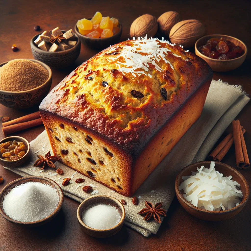 Sliced loaf of Trinidad sweet bread studded with coconut and dried fruit