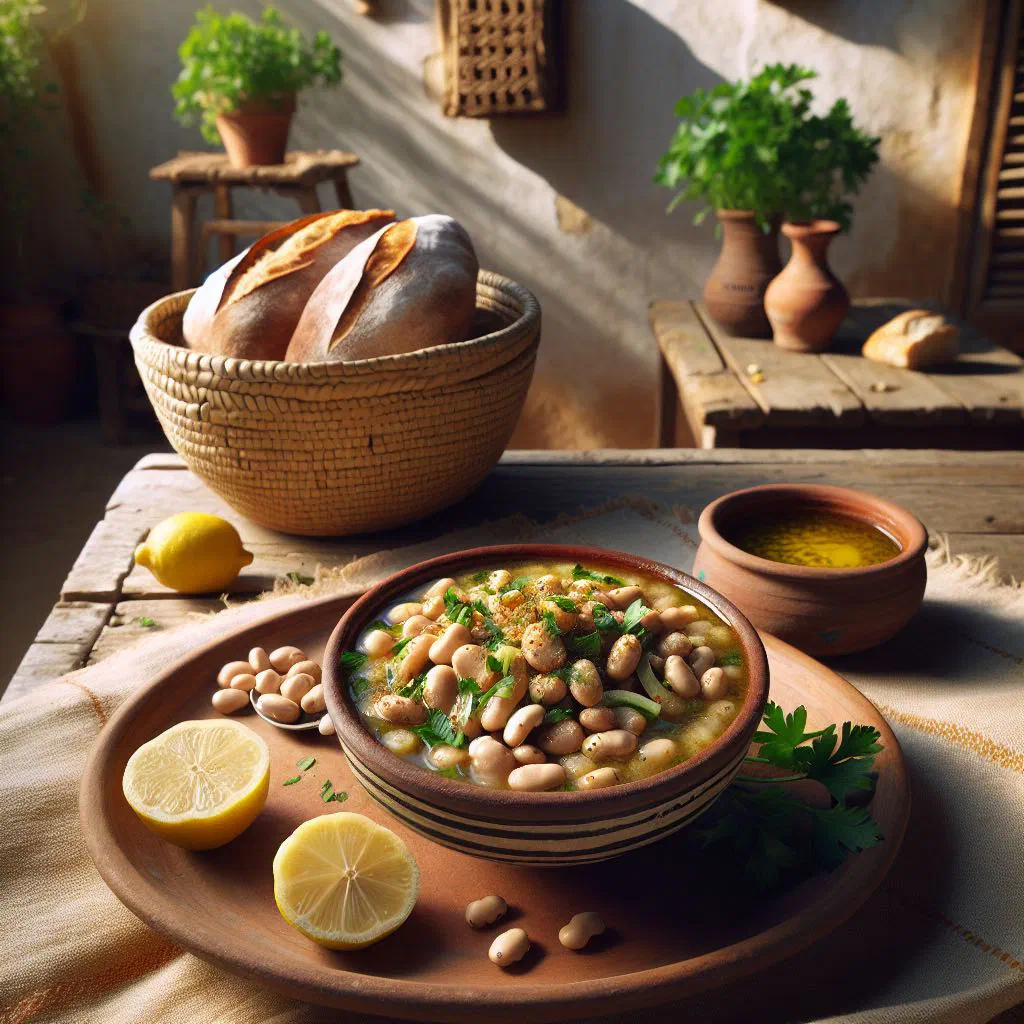 A bowl of creamy Tunisian bessara pea soup drizzled with olive oil and garnished with parsley