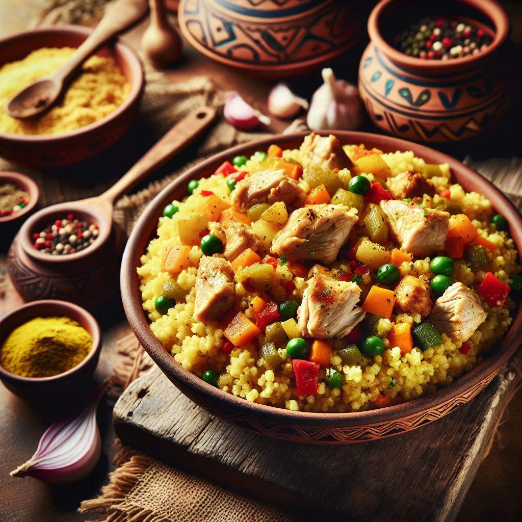 Tender chicken with bulgur and herbs served in a bowl