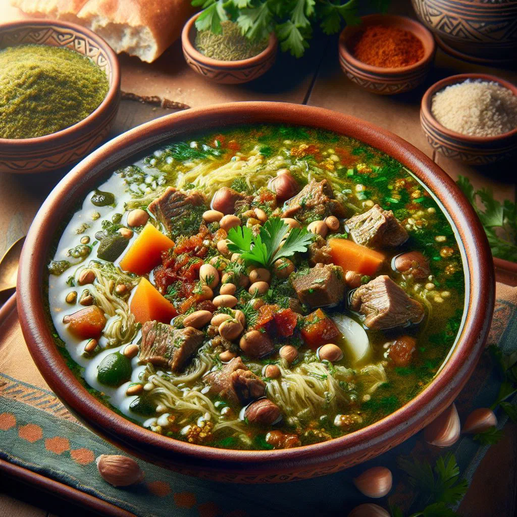 Bowl of Tunisian chorba frik soup with lamb, garnished with fresh herbs