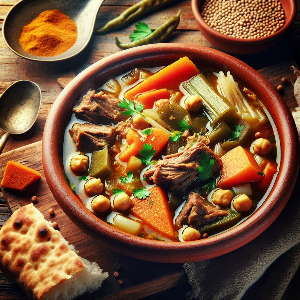 Bowl of Tunisian chorba hlalem soup garnished with fresh herbs