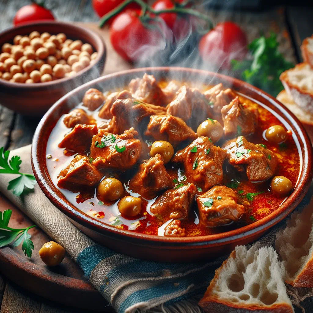 Tunisian chtitha stew with tender meat in a spiced tomato sauce, garnished with fresh herbs