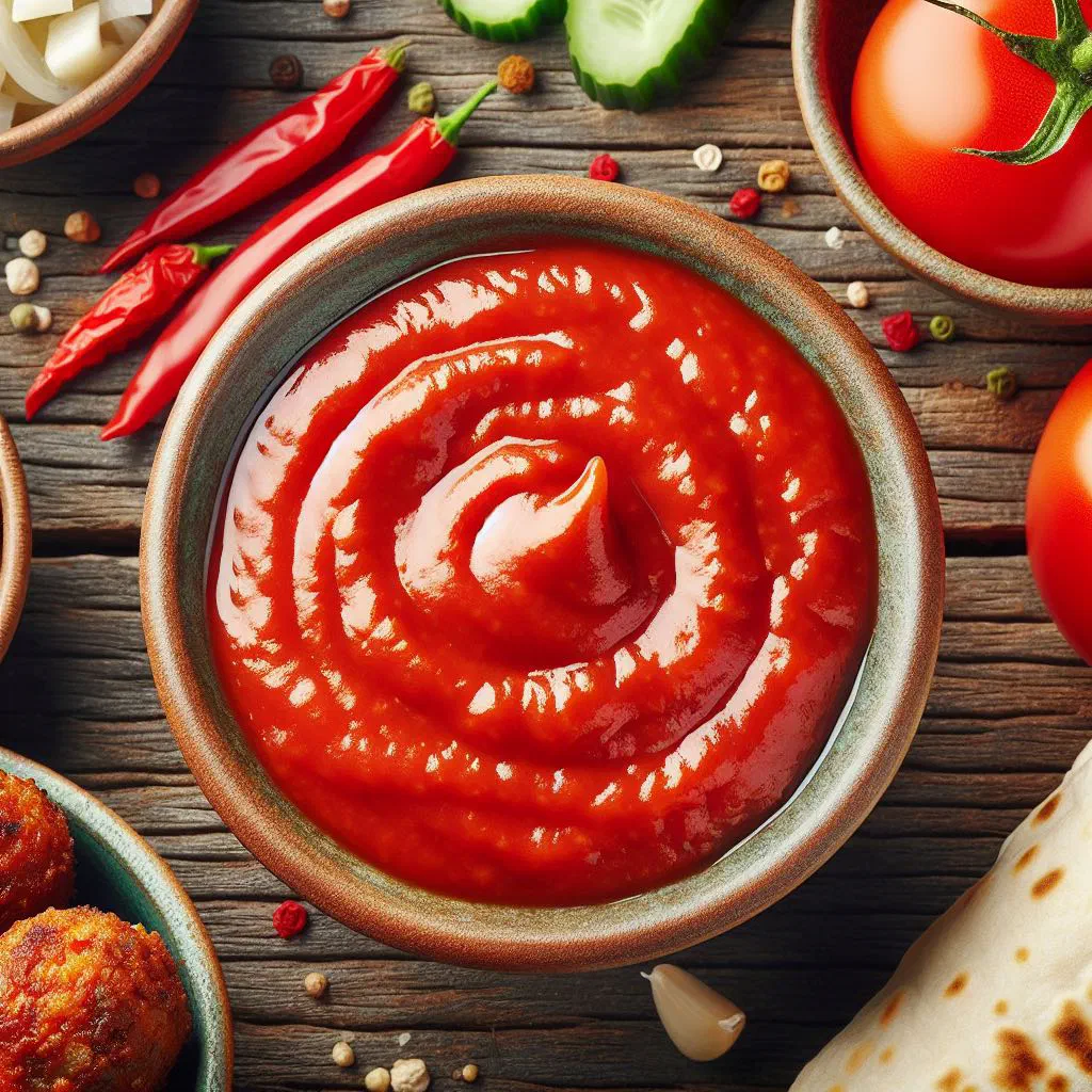 Bowl of Tunisian dakkous tomato sauce garnished with fresh parsley
