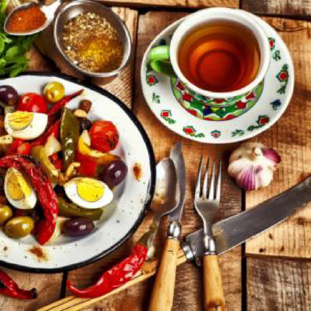 Grilled pepper and tomato salad dressed with olive oil and fresh herbs