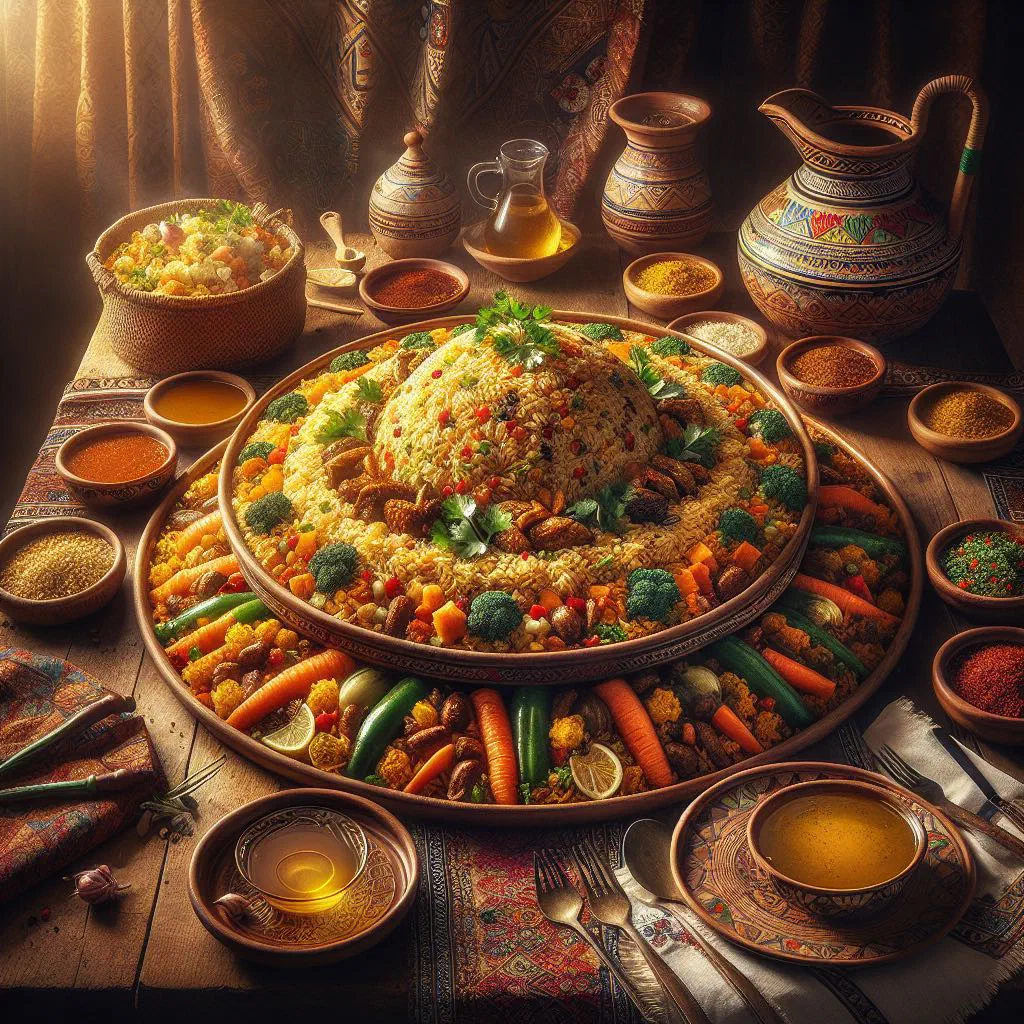 Djerbian rice with tender meat, vegetables and fresh herbs in a bowl