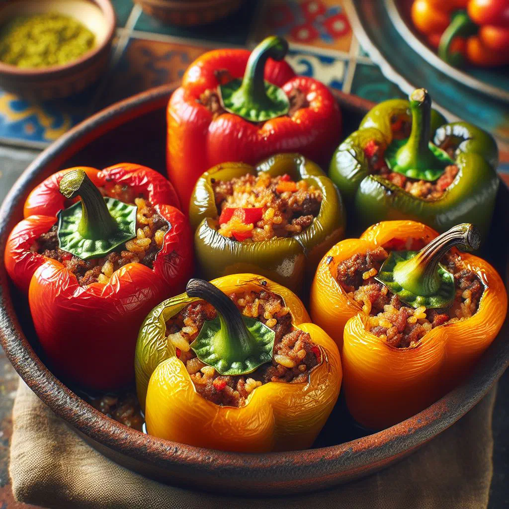 Tunisian felfel mehchi stuffed peppers garnished with fresh herbs