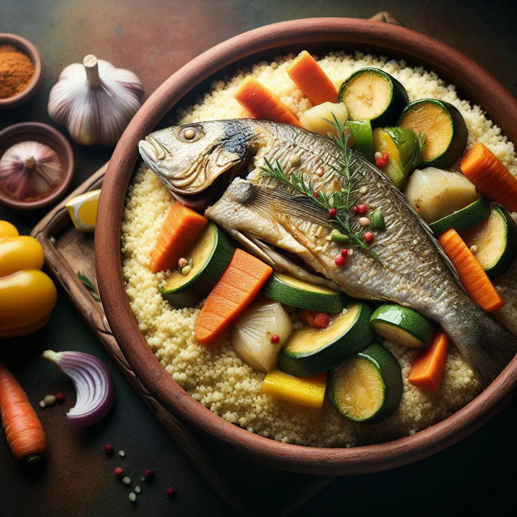 Fish couscous with steamed semolina, tender fish and colourful vegetables
