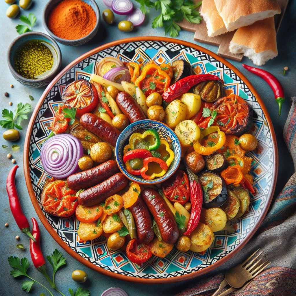 Tunisian kafteji merguez with sausage, peppers and potatoes in a rich tomato sauce