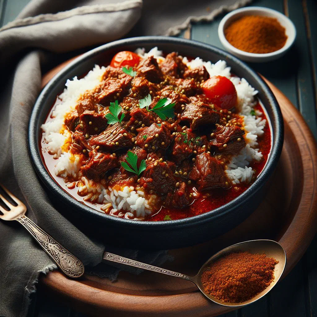 Tunisian kamounia beef stew garnished with fresh coriander