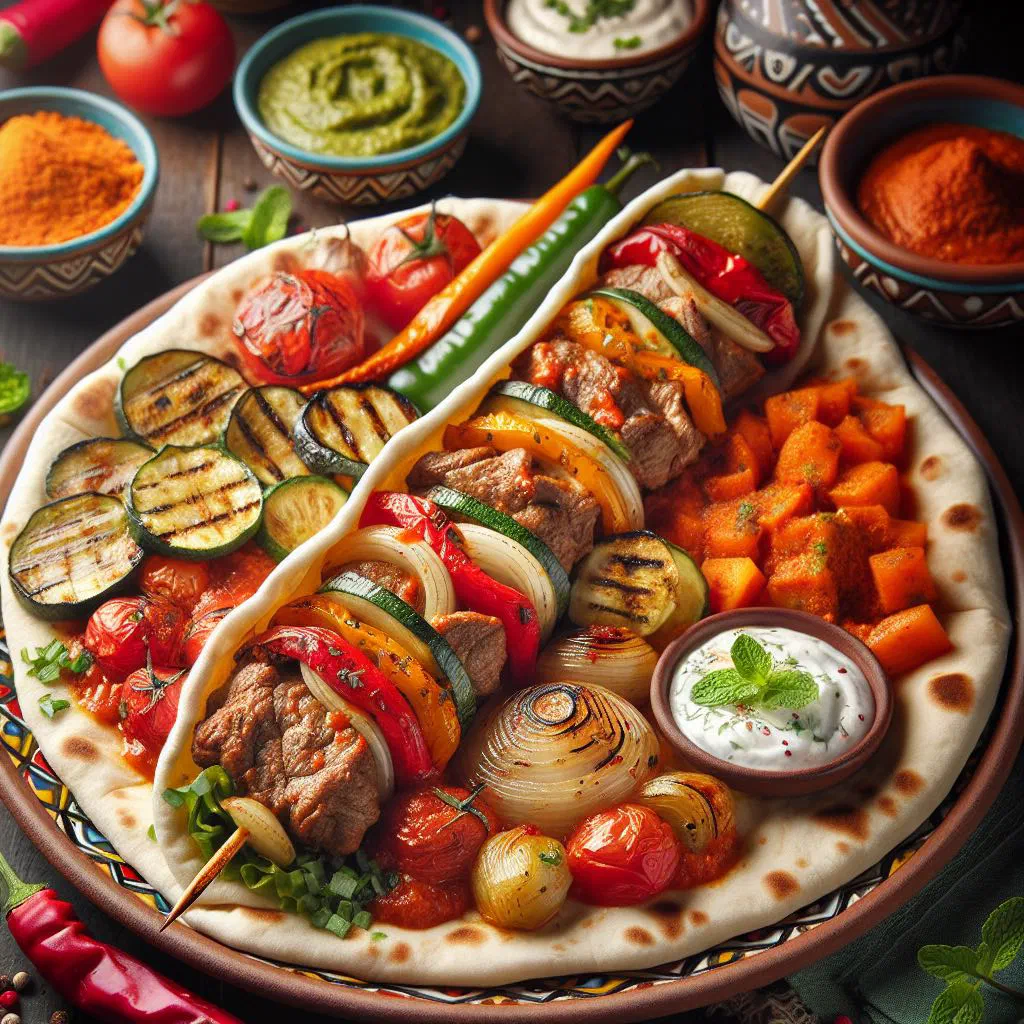 Grilled Tunisian kebab skewers with flatbread and spicy sauce