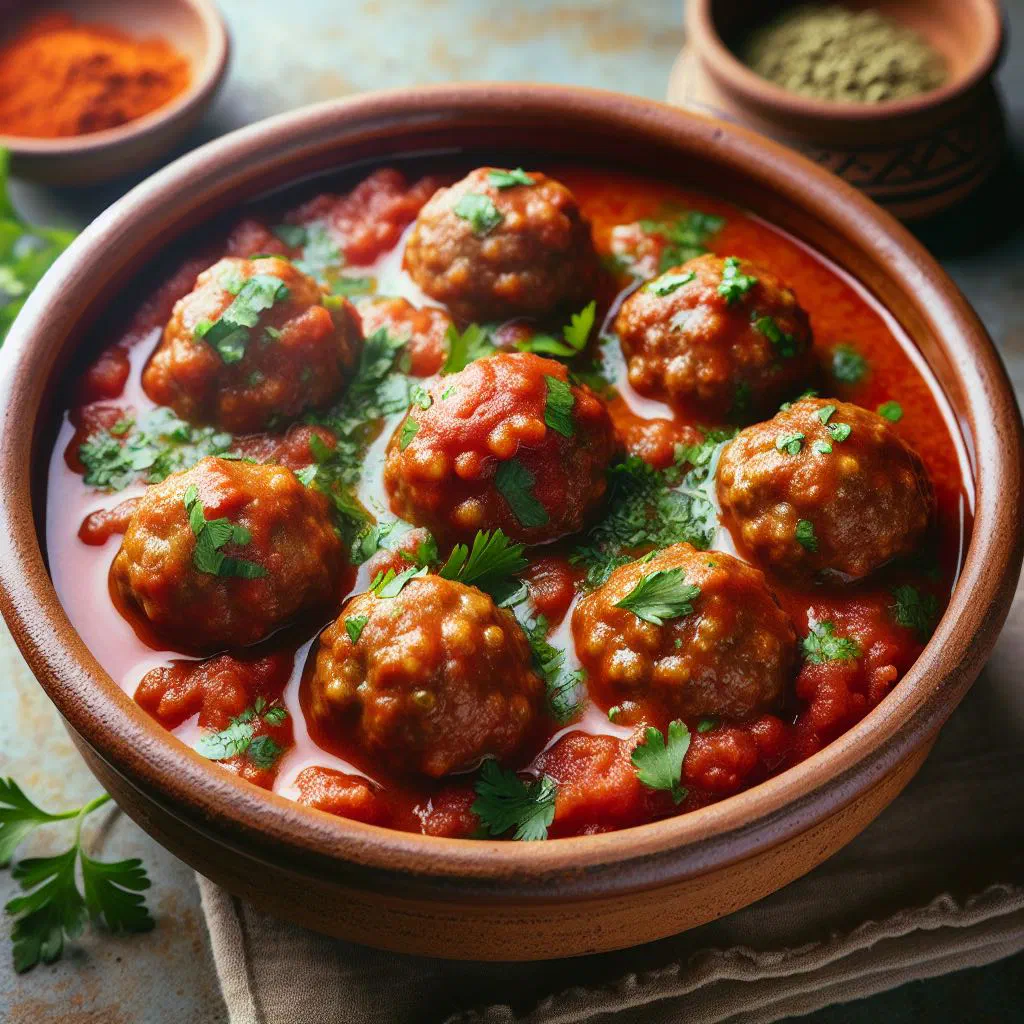 Tunisian kefta meatballs simmering in a rich tomato sauce garnished with parsley
