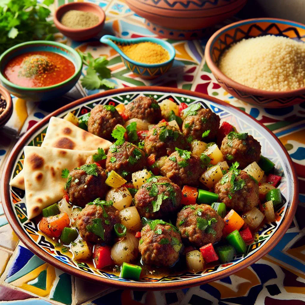 Spiced Tunisian kefta meatballs garnished with fresh parsley and lemon