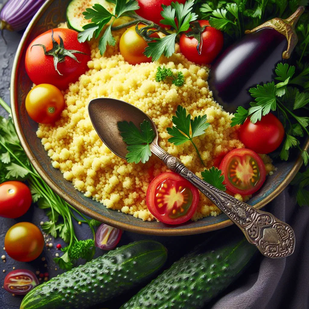 A steaming bowl of Tunisian kouskous with vegetables and chickpeas