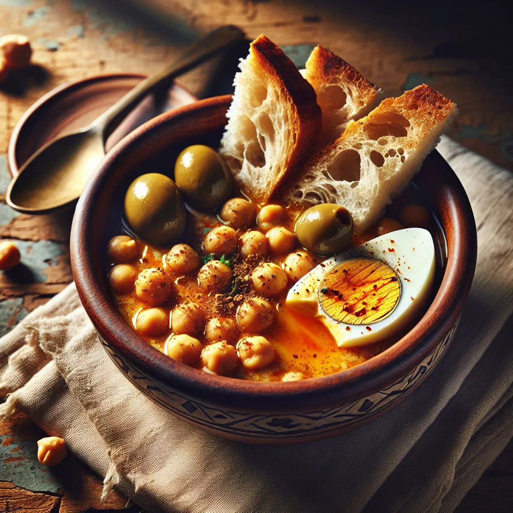 Bowl of Tunisian lablabi chickpea soup with crusty bread