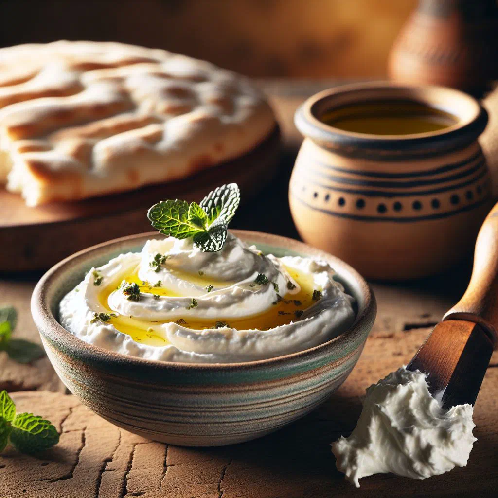 Creamy labne drizzled with olive oil and sprinkled with herbs