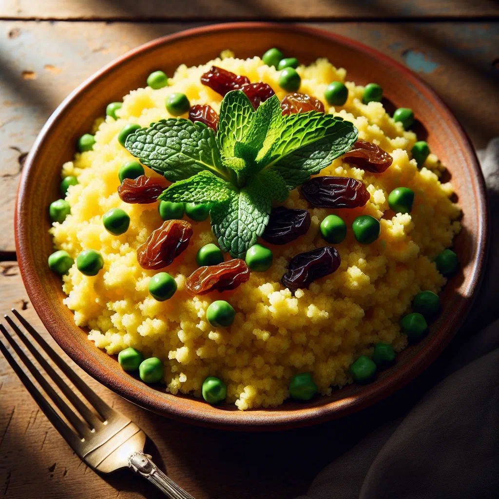 Bowl of Tunisian masfouf steamed semolina topped with dried fruit and nuts
