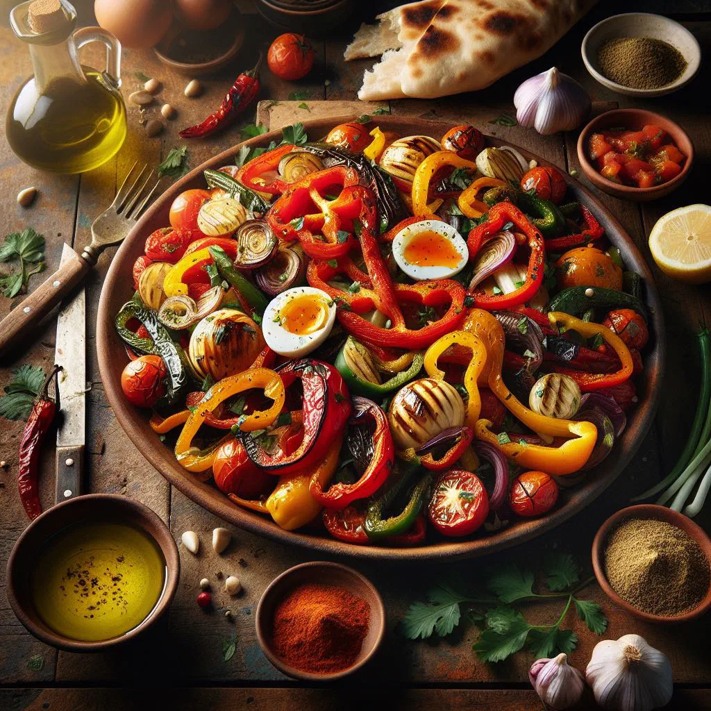 Tunisian mechouia of grilled peppers and tomatoes drizzled with olive oil