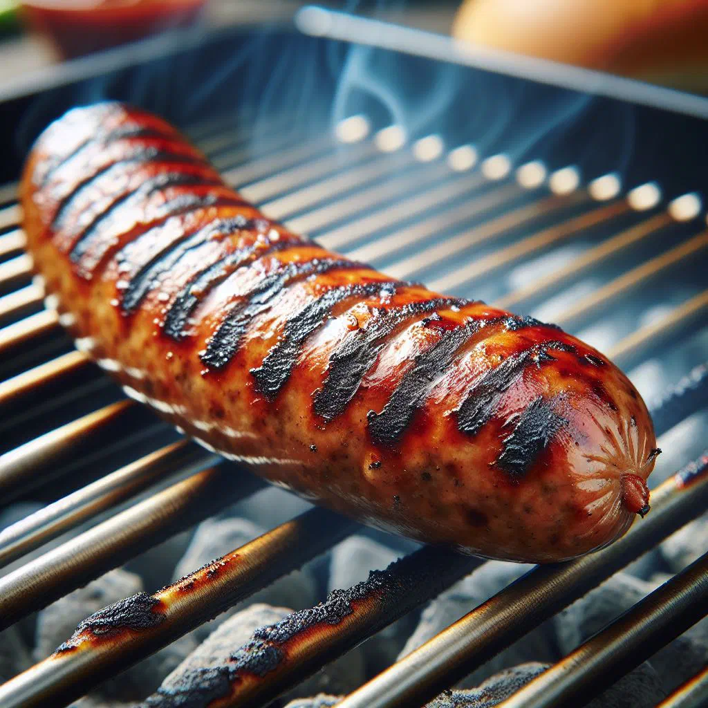 Grilled merguez sausages with a rich red colour on a barbecue