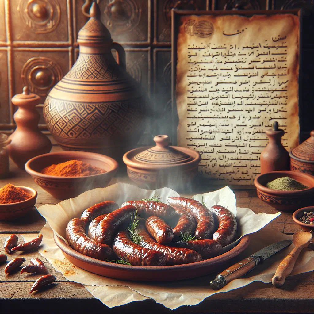 Spicy red merguez sausages grilled and served with flatbread