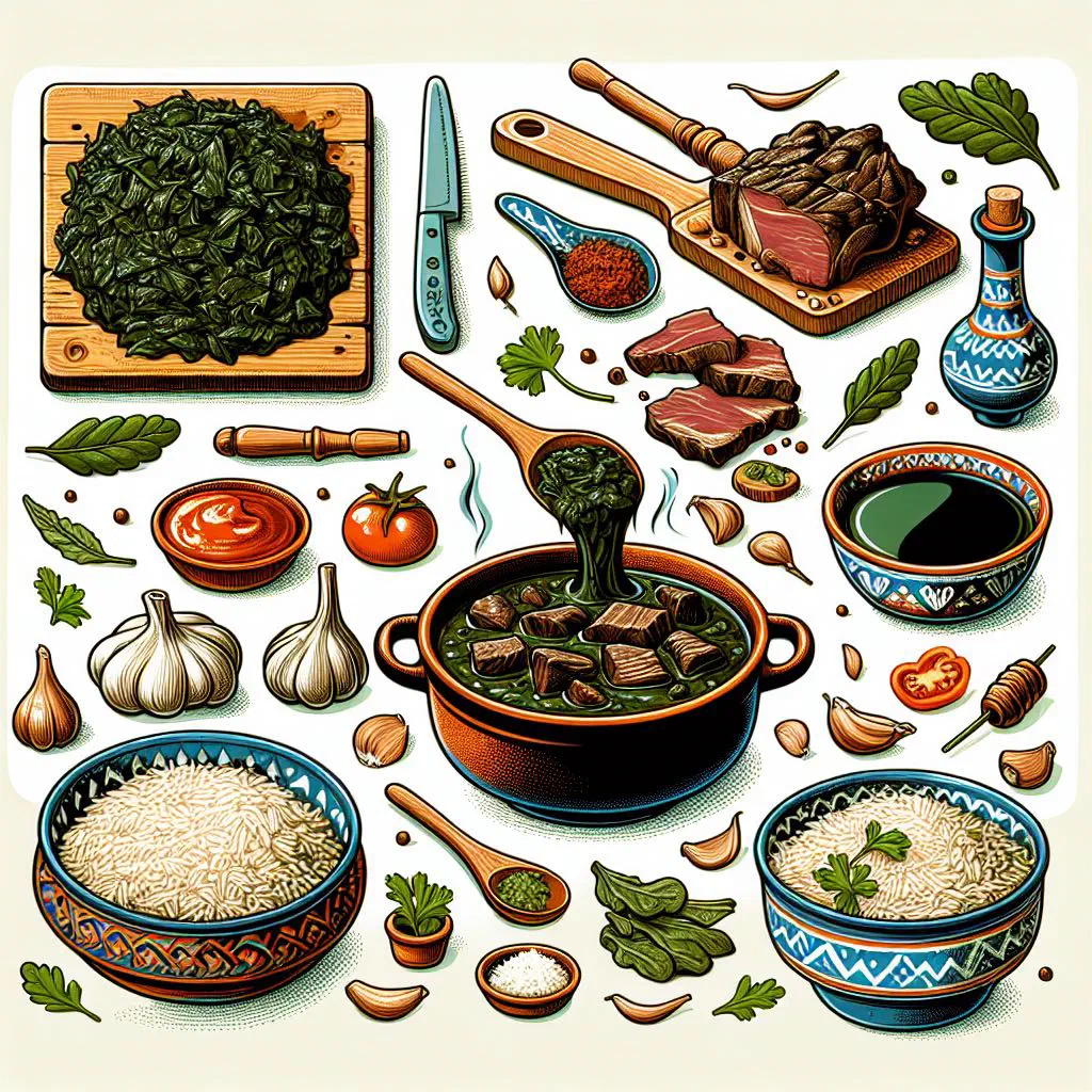 Dark green Mloukhia stew with tender meat served with bread