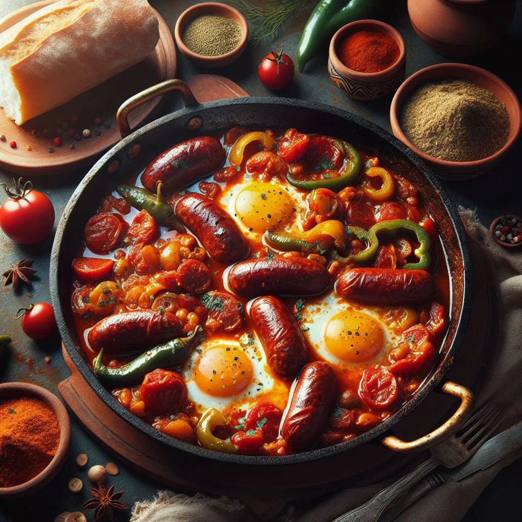 Ojja merguez with spicy sausages simmered in a rich tomato sauce, garnished with parsley