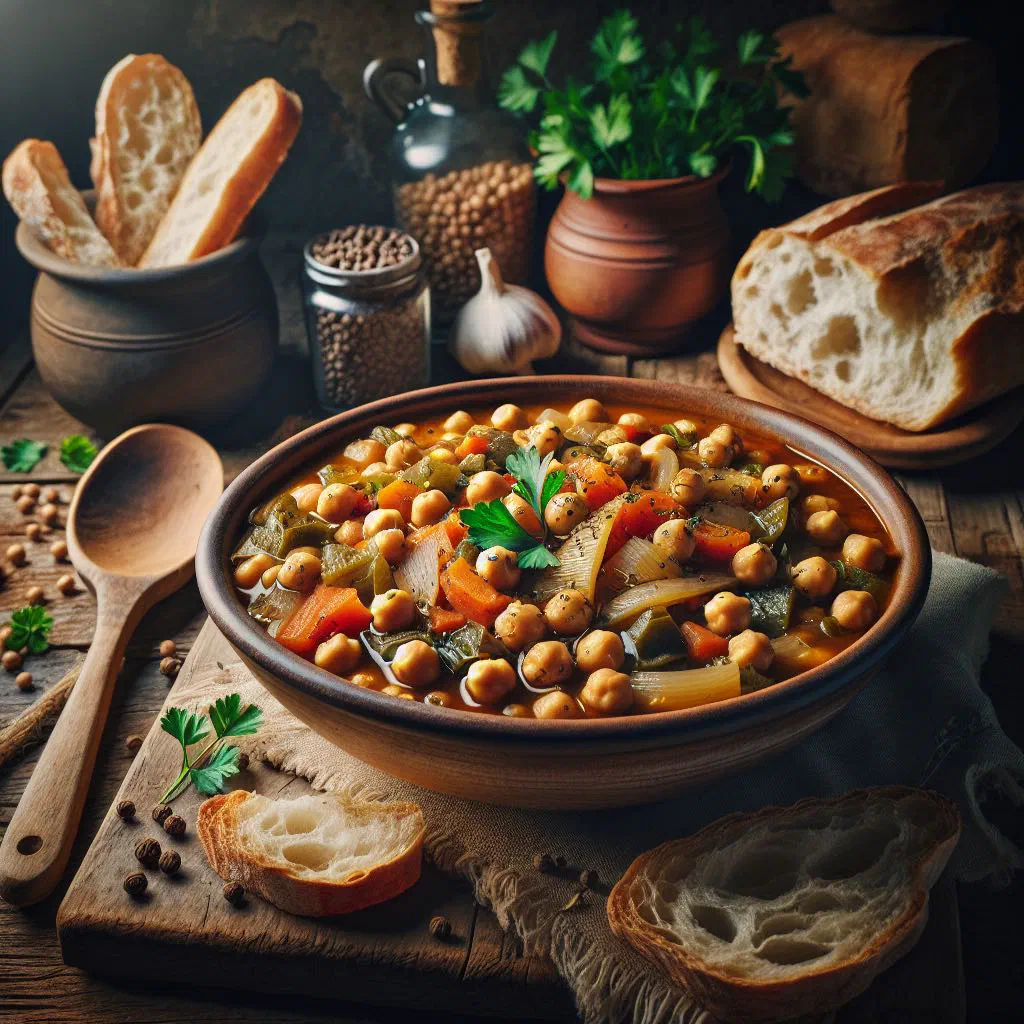 Tunisian chickpea stew in a bowl garnished with fresh herbs