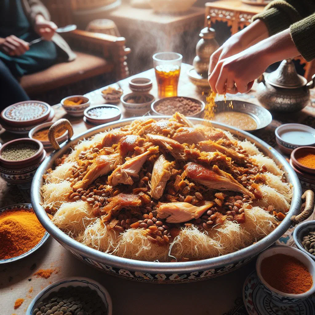 Tunisian rfissa with tender chicken over layered flatbread and aromatic broth