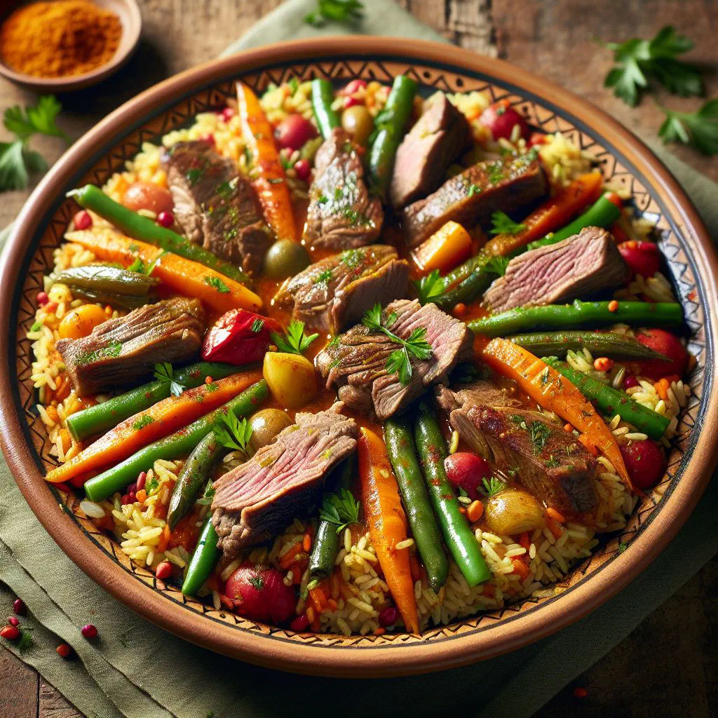 A bowl of Tunisian rouz djerbi with spiced rice, meat and vegetables
