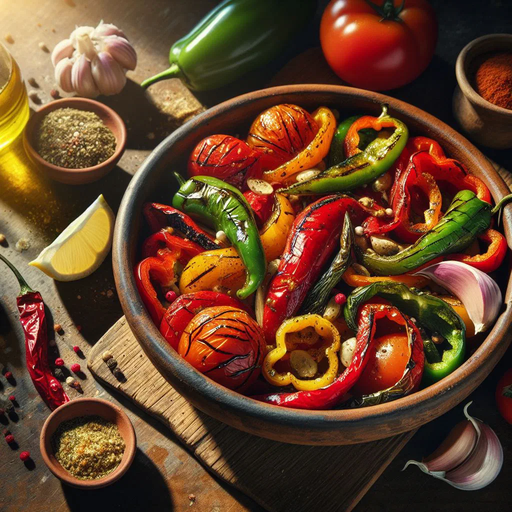 Tunisian salade mechouia of grilled peppers and tomatoes garnished with herbs