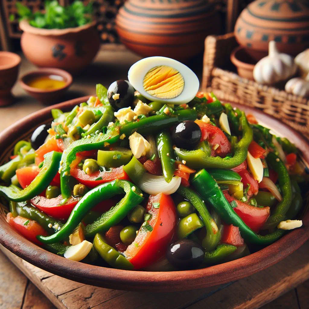 Tunisian slata mechouia grilled vegetable salad with olive oil and lemon