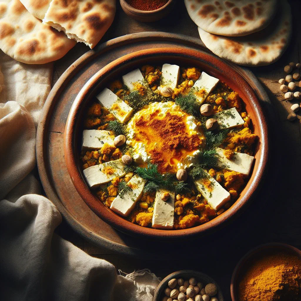 Baked Tunisian tajine jben with eggs and cheese, cut into wedges
