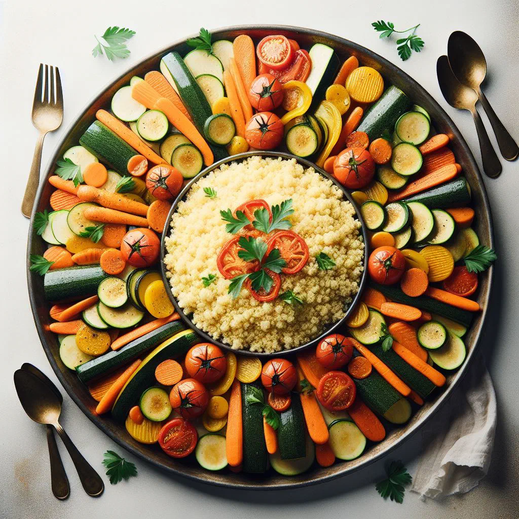 Fluffy couscous topped with colourful stewed vegetables